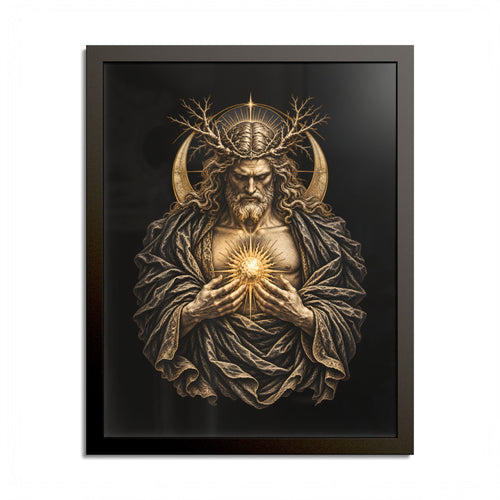 Black-framed print of a bearded, long-haired man crowned with bare branches before a gold crescent halo, head bowed, holding a radiant golden sun to his chest, wrapped in a heavy dark mantle, on black.
