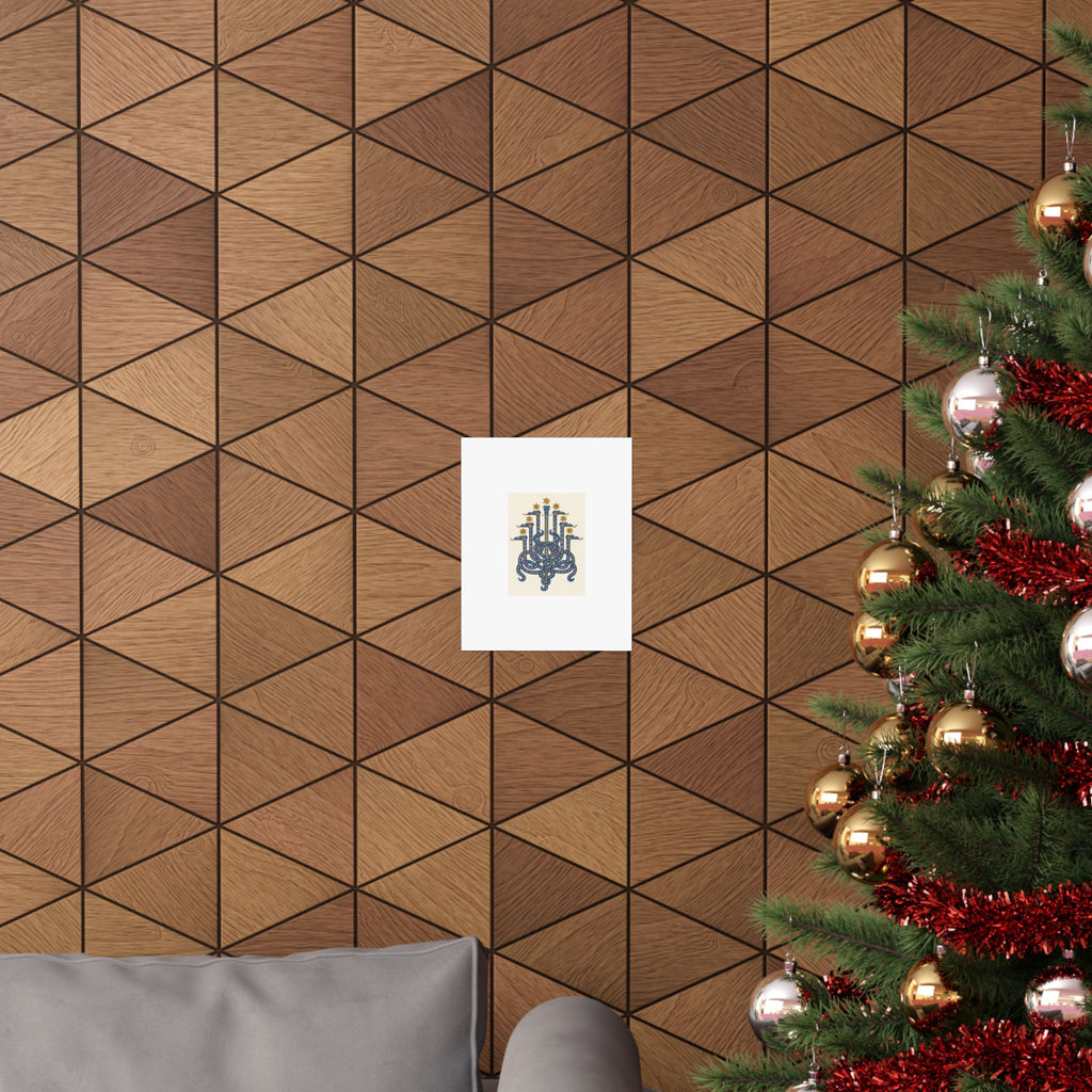 Unframed Herodias serpent print on a geometric wood wall beside a decorated Christmas tree and gray sofa.