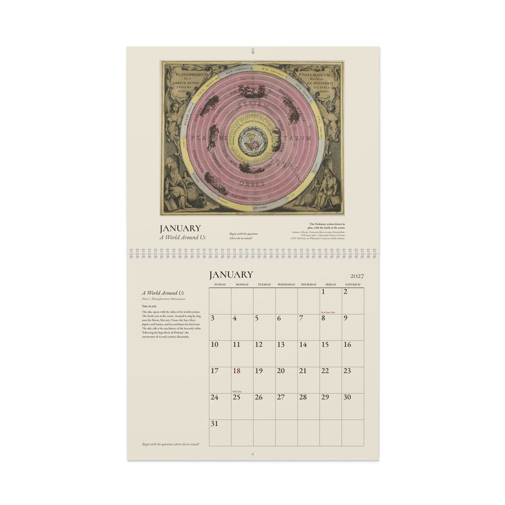 Mockup: the 2027 Cellarius wall calendar open at January, Cellarius’s plan of the Ptolemaic system above the January grid, on a white background