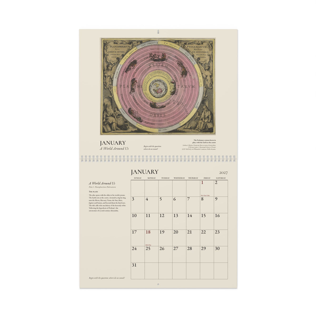 Mockup: the 2027 Cellarius wall calendar open at January, Cellarius’s plan of the Ptolemaic system above the January grid, on a white background