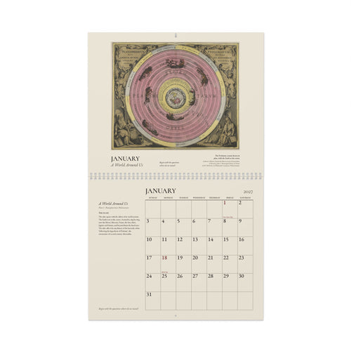 Mockup: the 2027 Cellarius wall calendar open at January, Cellarius’s plan of the Ptolemaic system above the January grid, on a white background
