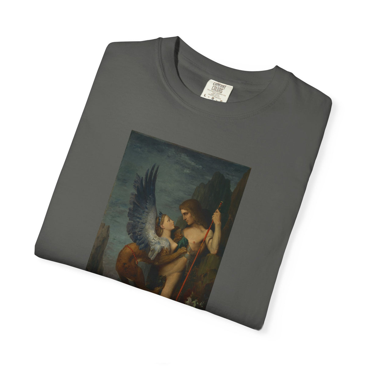 Folded Old Heaven The Riddle tee in Pepper showing the upper part of Gustave Moreau's Oedipus and the Sphinx print