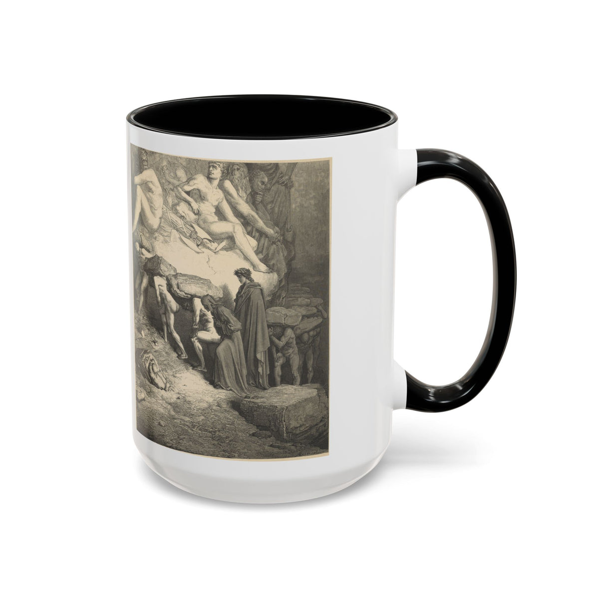 The Weight of Pride mug showing Gustave Doré's engraving of the proud bearing stones on the terrace of pride, Purgatorio XII.