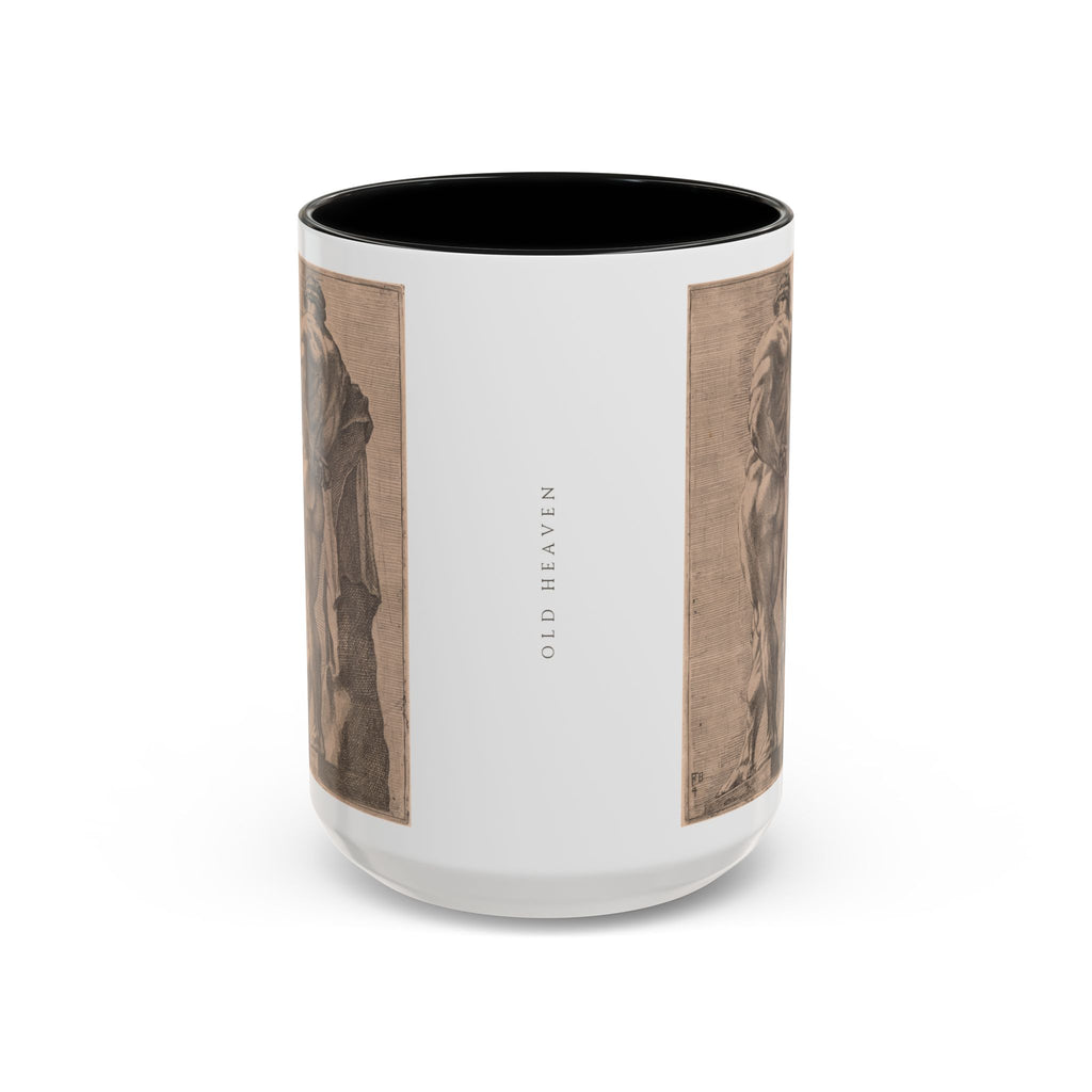 Hercules at Rest mug between its two Perrier panels, with a small vertical OLD HEAVEN signature