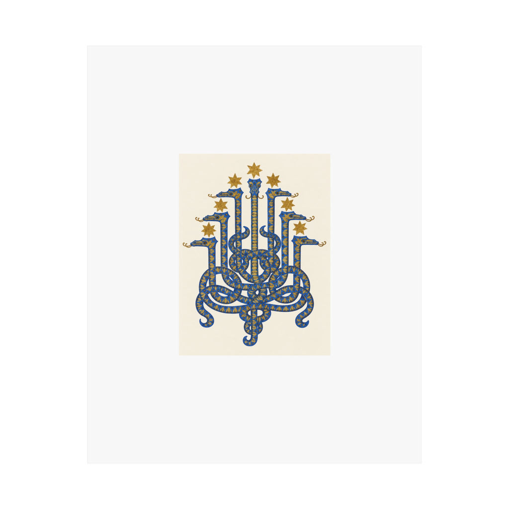 Front of the Herodias art print: seven cobalt serpent heads beneath seven ochre stars on ivory, centered on white paper.