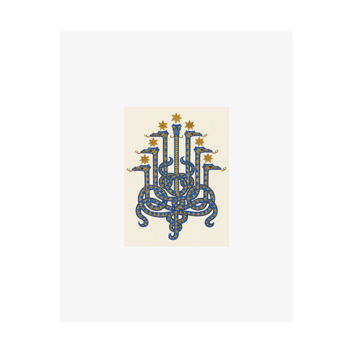Front of the Herodias art print: seven cobalt serpent heads beneath seven ochre stars on ivory, centered on white paper.