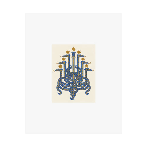 Front of the Herodias art print: seven cobalt serpent heads beneath seven ochre stars on ivory, centered on white paper.
