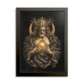 Black-framed print of a bearded, long-haired man crowned with bare branches before a gold crescent halo, head bowed, holding a radiant golden sun to his chest, wrapped in a heavy dark mantle, on black.