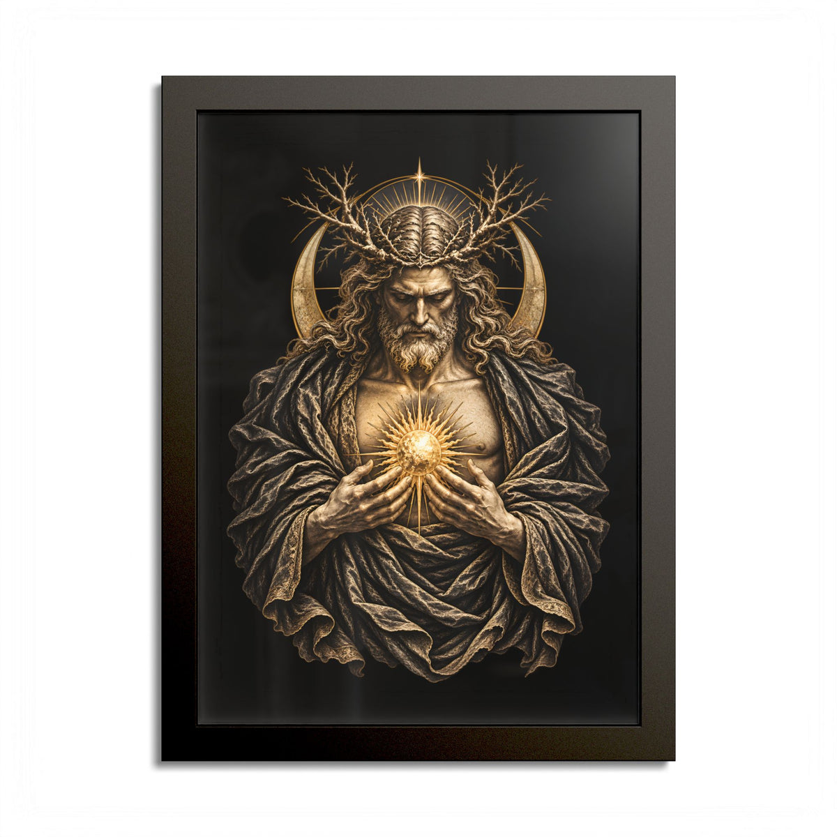 Black-framed print of a bearded, long-haired man crowned with bare branches before a gold crescent halo, head bowed, holding a radiant golden sun to his chest, wrapped in a heavy dark mantle, on black.