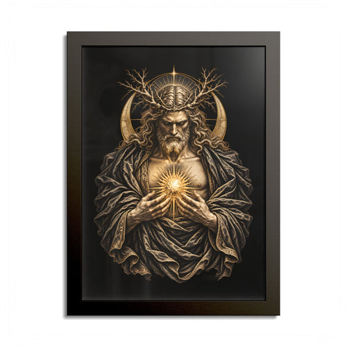 Black-framed print of a bearded, long-haired man crowned with bare branches before a gold crescent halo, head bowed, holding a radiant golden sun to his chest, wrapped in a heavy dark mantle, on black.