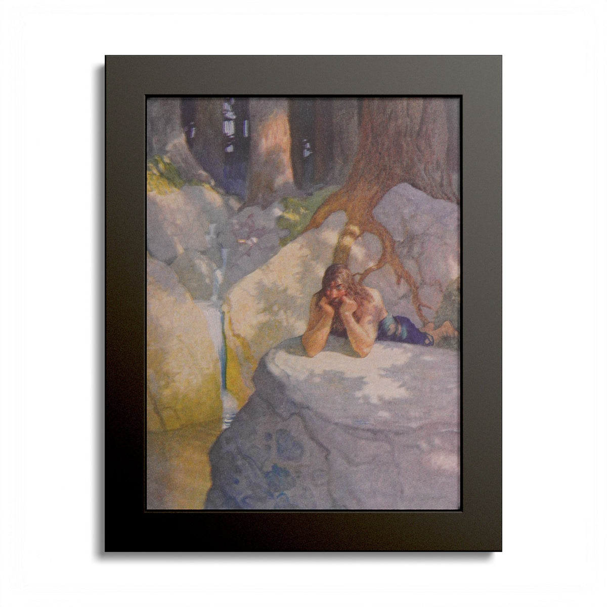And Lived by Fruit and Such as He Might Get by N. C. Wyeth, 1917, King Arthur illustration as an 8 x 10 in framed print in a black wood frame