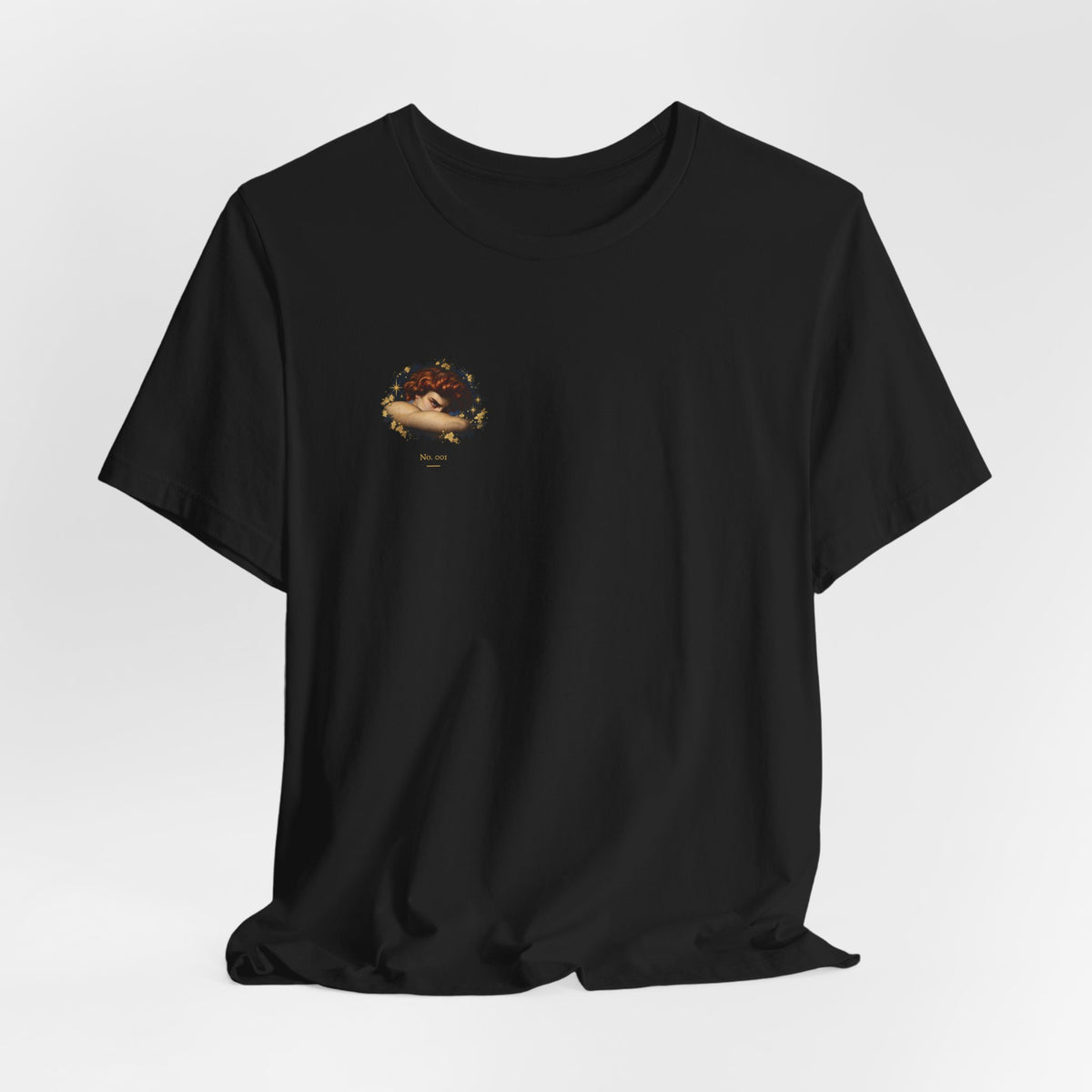 Draped black Old Heaven No. 001 T-shirt with the small portrait and gold-star print on the wearer's right chest.