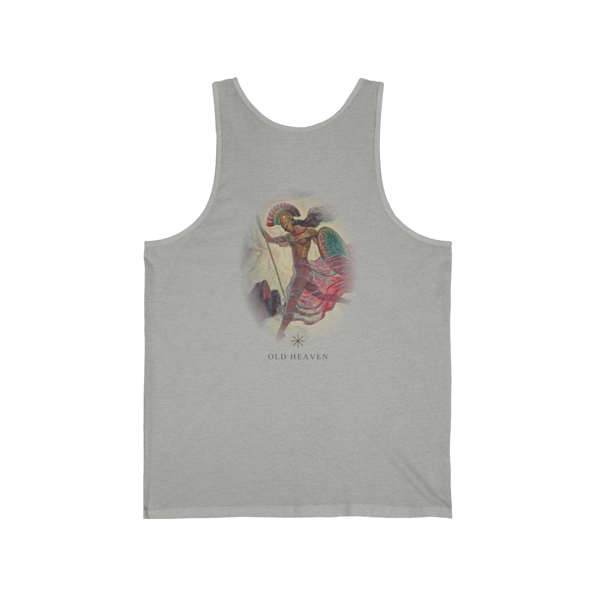 Back of Athletic Heather Athena Vintage tank with large soft Athene print by N. C. Wyeth, 1929, from Homer's Odyssey (public domain); Old Heaven.