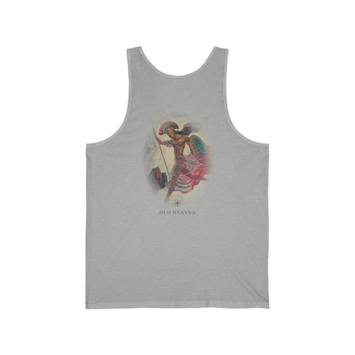 Back of Athletic Heather Athena Vintage tank with large soft Athene print by N. C. Wyeth, 1929, from Homer's Odyssey (public domain); Old Heaven.