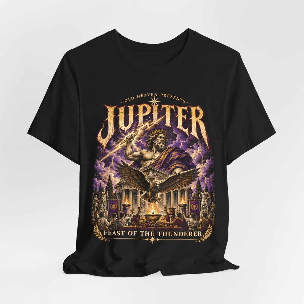 Detail of Jupiter concert T-shirt front print in gold and violet.