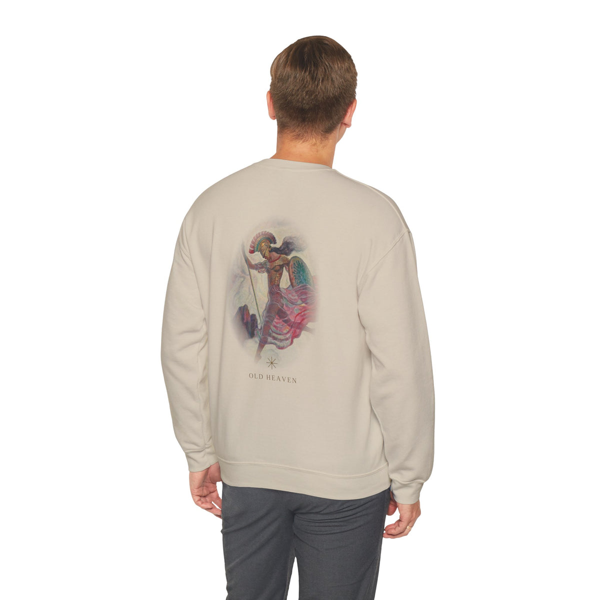 Model wearing Sand Athena Vintage sweatshirt, back view, large soft Athene print by N. C. Wyeth, 1929 (public domain); Old Heaven.