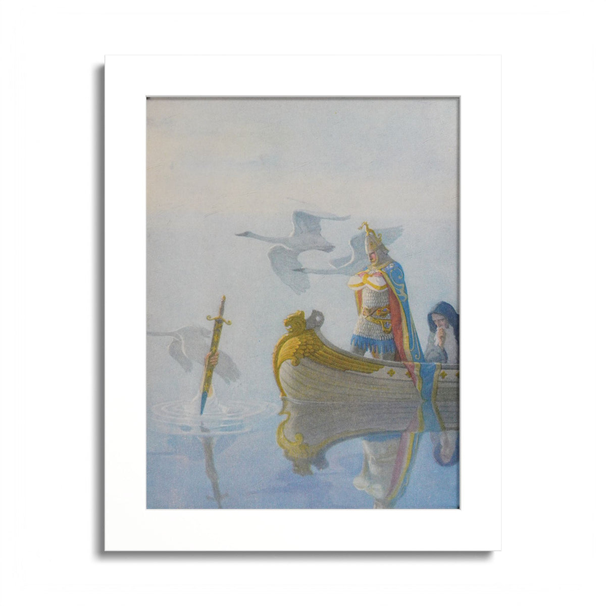 Excalibur: The Hand in the Lake by N. C. Wyeth, 1917, King Arthur illustration as an 8 x 10 in framed print in a white wood frame