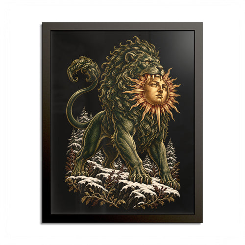 Black-framed print of a muscular green lion standing on snow-covered rocks among winter pines, biting a golden sun with a calm human face, in engraved-style detail on black.