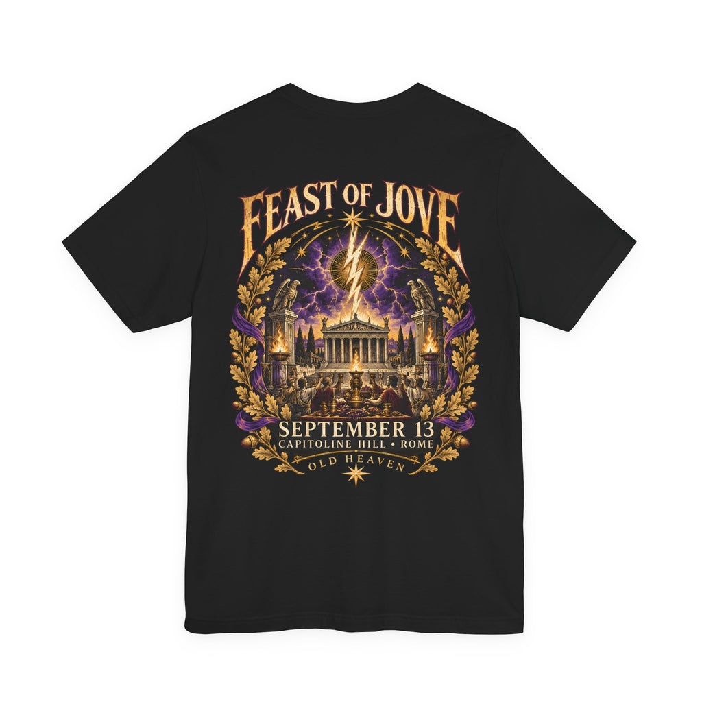 Back of black Jupiter concert T-shirt with temple and Feast of Jove September 13 text.