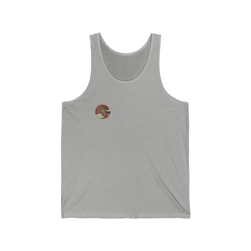 Front of Athletic Heather Athena Vintage tank with circular Athene helmet chest print; N. C. Wyeth, 1929, from Homer's Odyssey (public domain); Old Heaven.