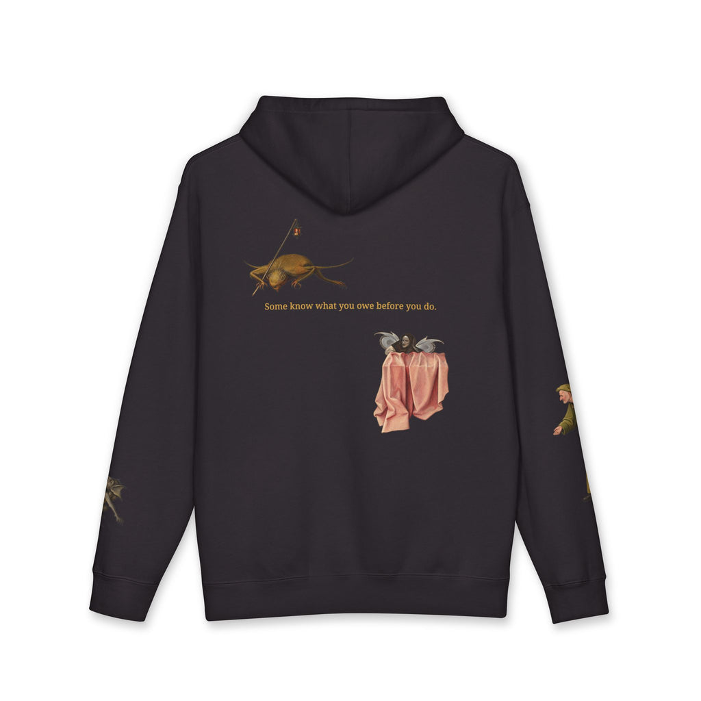Back of black Death and the Miser hoodie with two fantastical figures and gold text: Some know what you owe before you do.