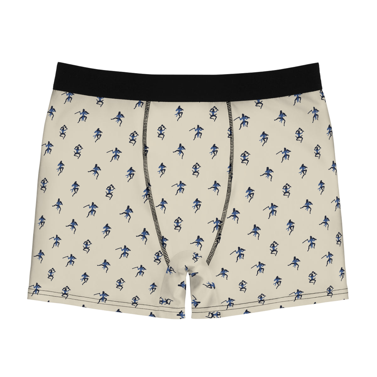 Front view of cream boxer briefs with a black waistband, black contrast stitching and an all-over pattern of small blue-and-black devils playing fiddles