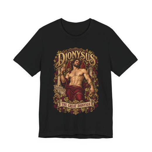 Front of black Dionysus Great Dionysia concert T-shirt with ivy and cup graphic.