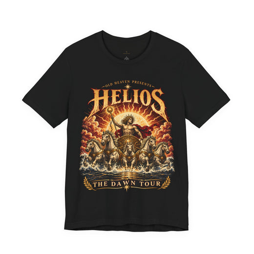 Front of black Helios Dawn Tour concert T-shirt with sun-chariot graphic.