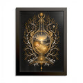 Black-framed print of an ornate gold and glass vessel holding a sleeping swaddled infant before a sunrise landscape, framed by snow-dusted golden branches and two carved guardian faces, on black.
