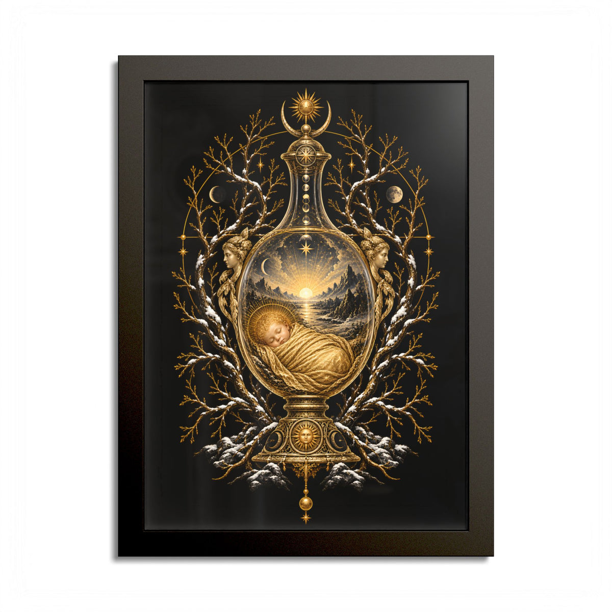 Black-framed print of an ornate gold and glass vessel holding a sleeping swaddled infant before a sunrise landscape, framed by snow-dusted golden branches and two carved guardian faces, on black.
