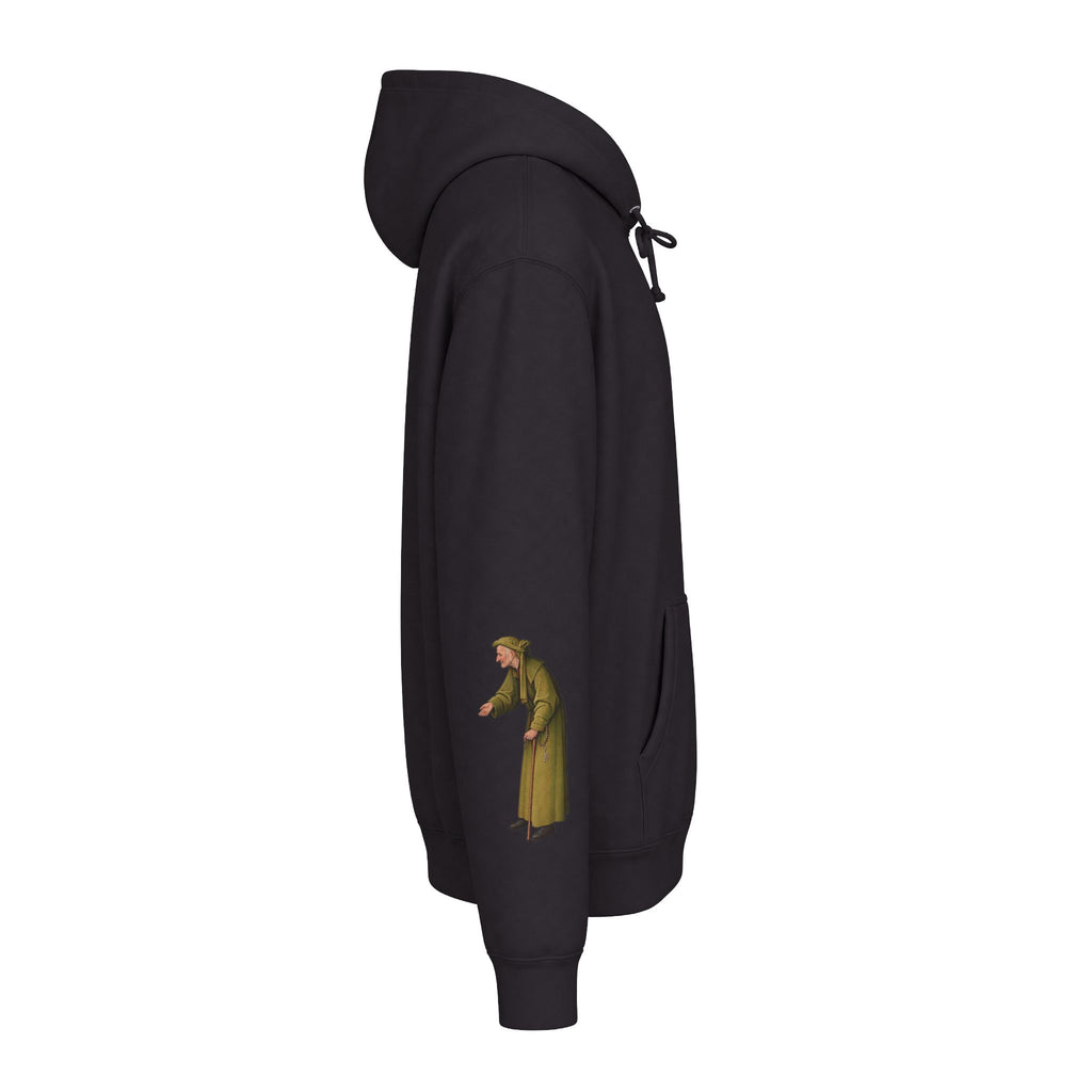 Right-sleeve view of black Death and the Miser hoodie with a green-robed old man printed within the outer sleeve area.