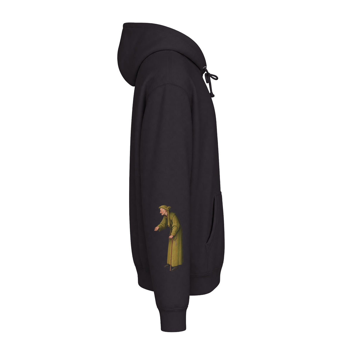Right-sleeve view of black Death and the Miser hoodie with a green-robed old man printed within the outer sleeve area.