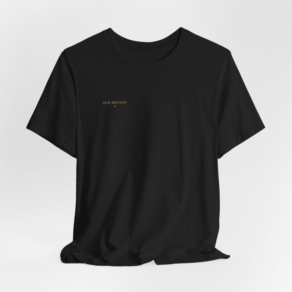 Hanging front view of the black Old Heaven Cobalt Defiance T-shirt with its small gold wordmark on the wearer's right chest.