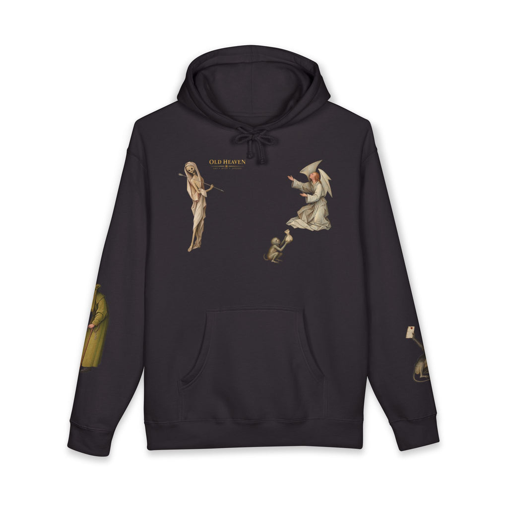 Front of black Death and the Miser hoodie with scattered Bosch-inspired figures and a gold Old Heaven mark on right chest.