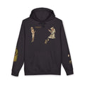 Front of black Death and the Miser hoodie with scattered Bosch-inspired figures and a gold Old Heaven mark on right chest.