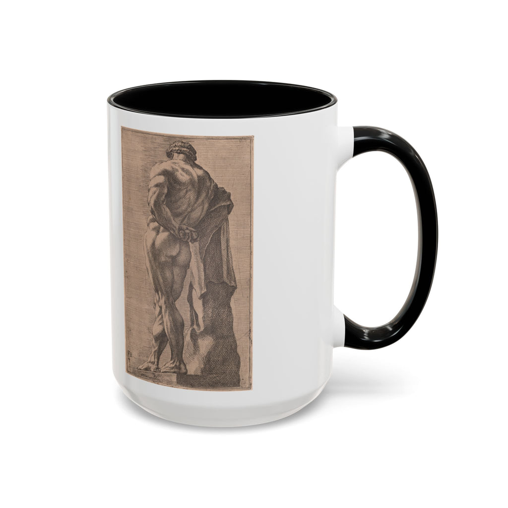 Hercules at Rest 15 oz art mug with black handle, Perrier etching of the Farnese Hercules seen from behind