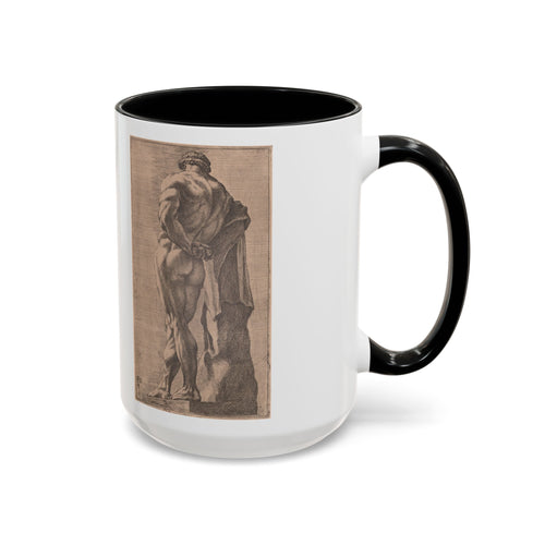 Hercules at Rest 15 oz art mug with black handle, Perrier etching of the Farnese Hercules seen from behind