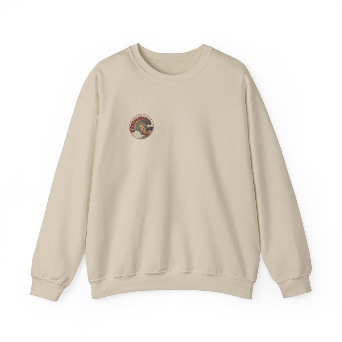 Front of Sand Athena Vintage sweatshirt with circular Athene helmet chest print; N. C. Wyeth, 1929, from Homer's Odyssey (public domain); Old Heaven.