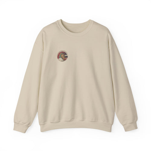 Front of Sand Athena Vintage sweatshirt with circular Athene helmet chest print; N. C. Wyeth, 1929, from Homer's Odyssey (public domain); Old Heaven.