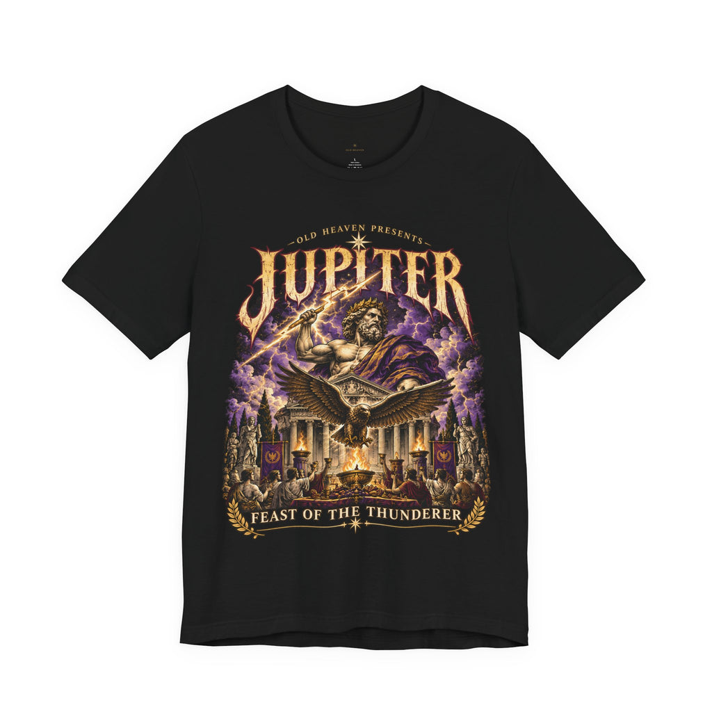 Front of black Jupiter Feast of Jove concert T-shirt with thunderer banquet graphic.