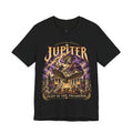 Front of black Jupiter Feast of Jove concert T-shirt with thunderer banquet graphic.