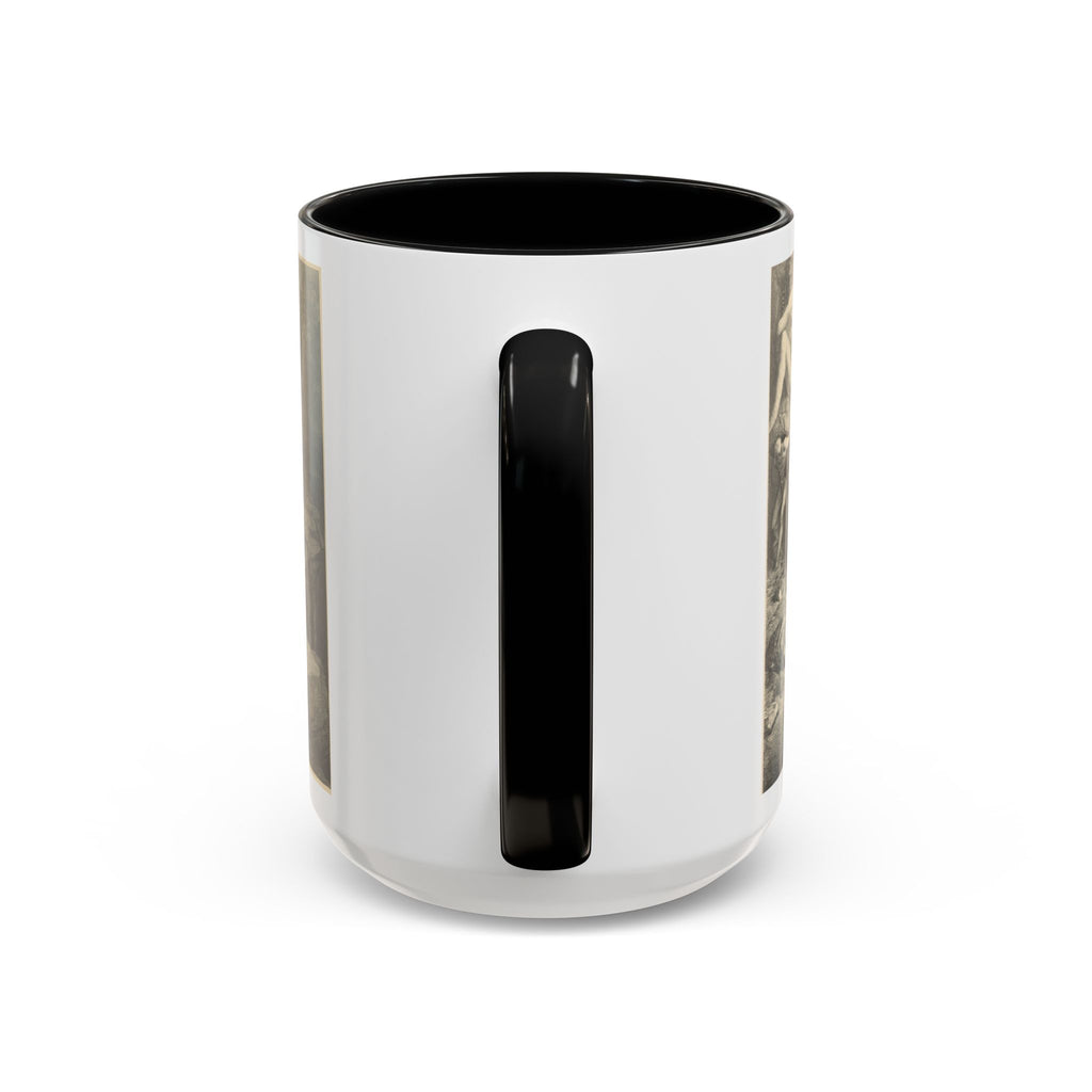 The Weight of Pride 15 oz Old Heaven mug from the handle side, black handle and interior, Doré's engraving on both sides.
