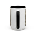 The Weight of Pride 15 oz Old Heaven mug from the handle side, black handle and interior, Doré's engraving on both sides.