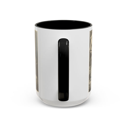 The Weight of Pride 15 oz Old Heaven mug from the handle side, black handle and interior, Doré's engraving on both sides.