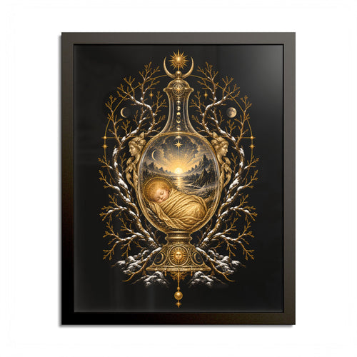 Black-framed print of an ornate gold and glass vessel holding a sleeping swaddled infant before a sunrise landscape, framed by snow-dusted golden branches and two carved guardian faces, on black.