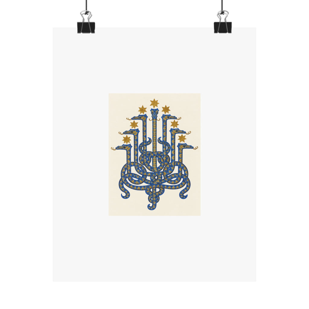 Herodias serpent art print held by two black clips: seven cobalt heads and ochre stars on ivory with a wide white border.