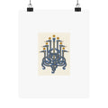 Herodias serpent art print held by two black clips: seven cobalt heads and ochre stars on ivory with a wide white border.