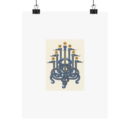 Herodias serpent art print held by two black clips: seven cobalt heads and ochre stars on ivory with a wide white border.