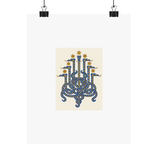 Herodias serpent art print held by two black clips: seven cobalt heads and ochre stars on ivory with a wide white border.