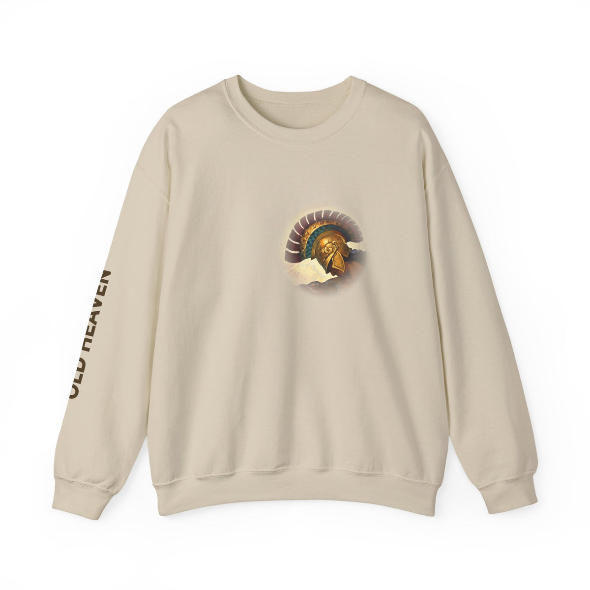 Front of Sand Athena Unconquered sweatshirt with gold Athena mark on the right chest.